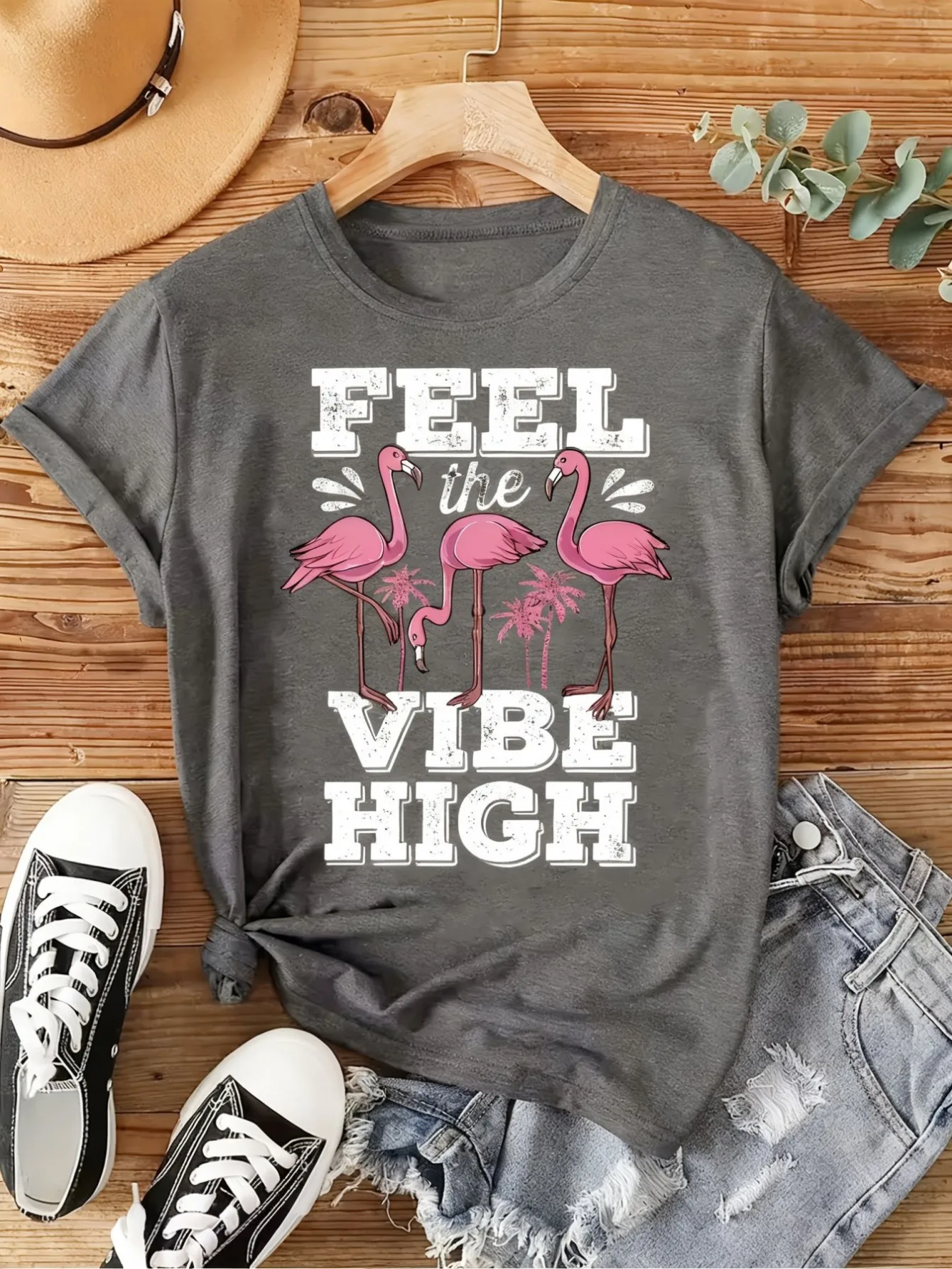 

Plus size women's short sleeve T-shirt Feel The Vibe High Flamingo breathable fabric summer outfit women's clothing