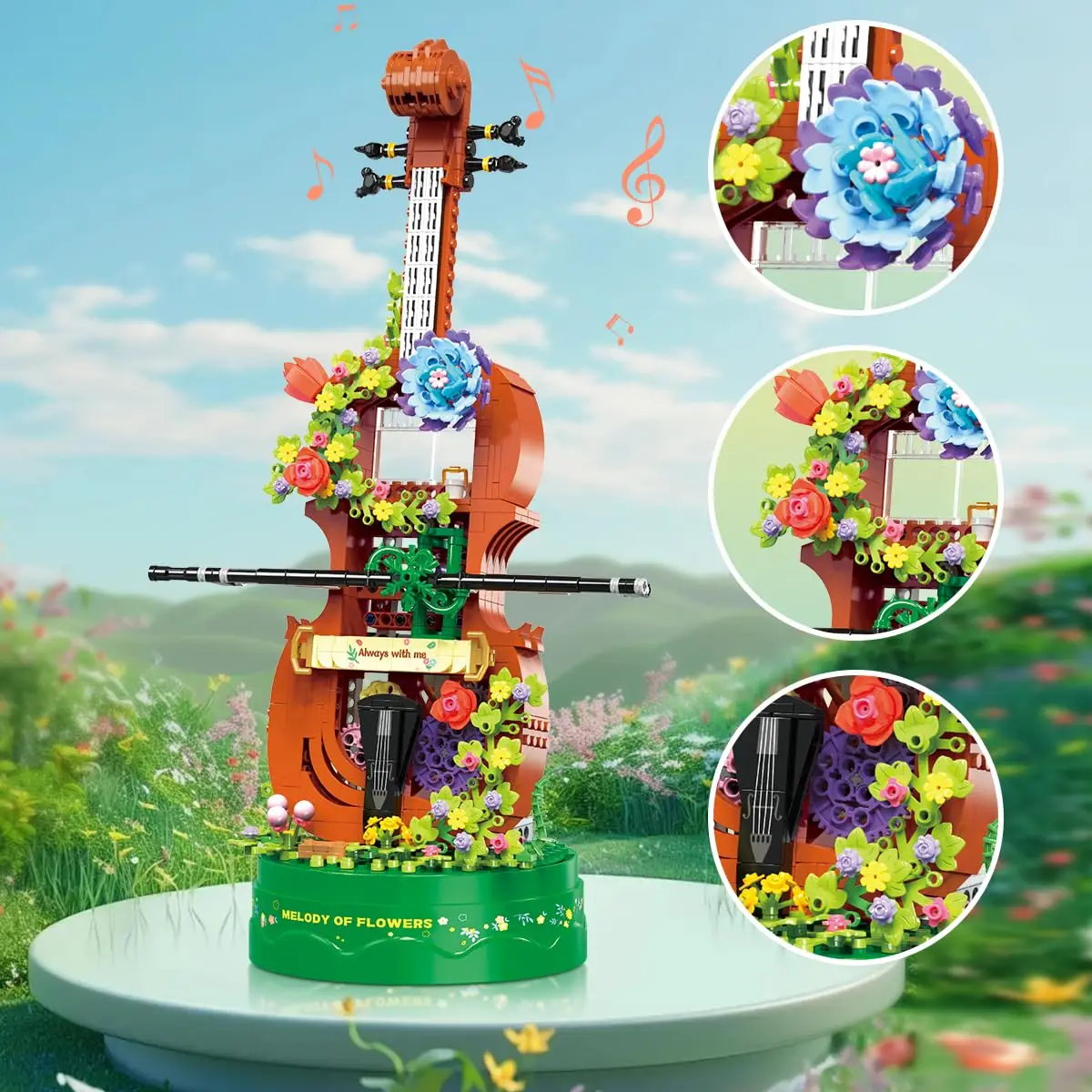 Ensemble de construction de boîte à musique violon à fleurs avec bouquet LED, décor de système conduit par engrenage, cadeau créatif pour femme, enfants de 6 ans et plus