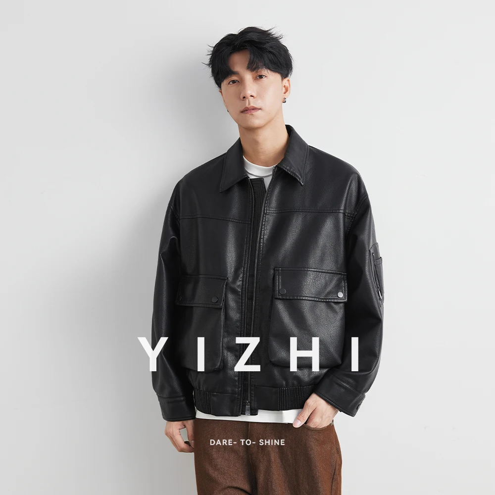 Distressed Vintage Leather Jacket For Men's Loose PU Moto Biker Jacket Windbreaker Luxury Bomber Jacket Outerwears Men Clothes - Image 5