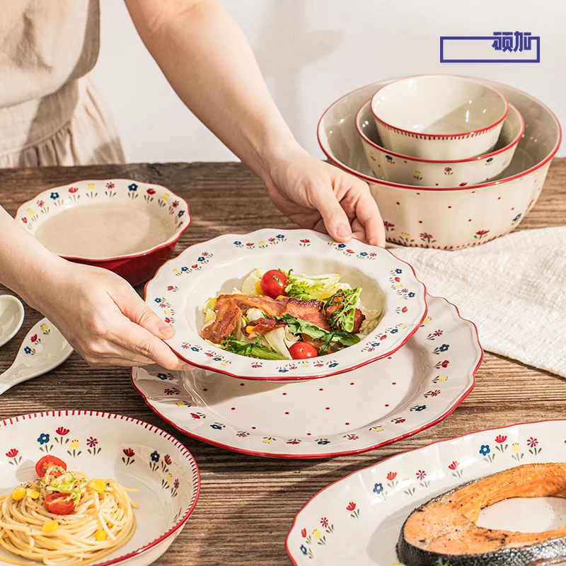 High Quality Vintage Ceramic Dinnerware Ceramic Soup Bowl Salad Pasta Plate Microwave Safe Colorful Ceramic Plates Bowls Set view 3