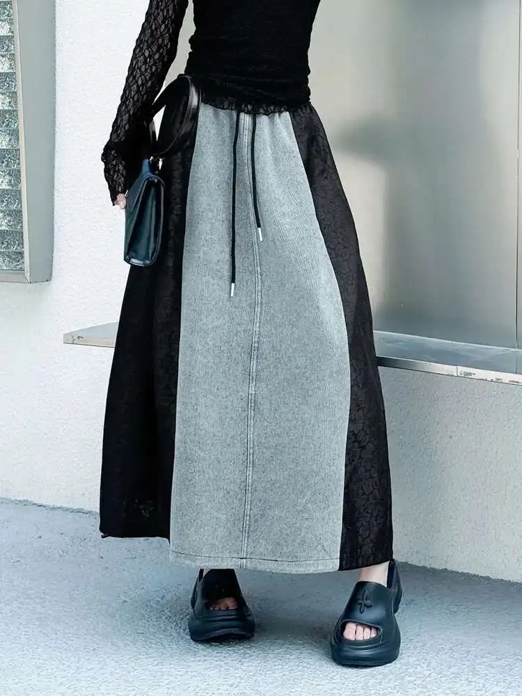 

High Elastic Waist Black Lace Color-block Denim A-line Half-body Skirt Women Fashion Tide New Spring Autumn