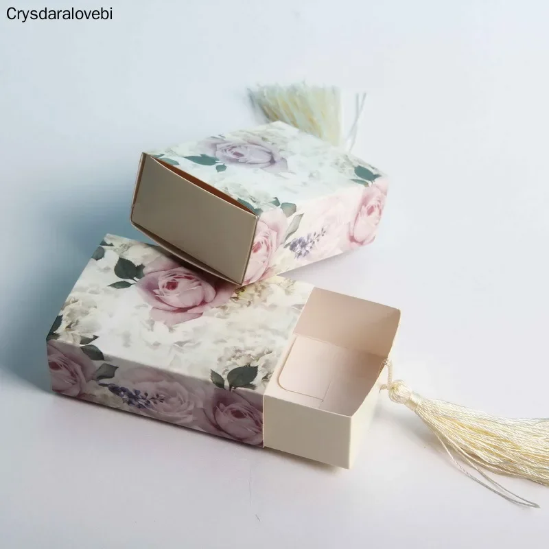

100pcs/lot Floral Candy Box Drawer Design Party Favor Boxes Craft Paper Box with Tassel for Pulling