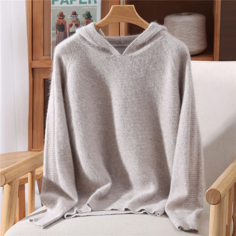 

Women's Autumn Winte 100% Pure Mink Cashmere Sweater with Hood and Round Neck Korean Collegiate Style Casual High-Quality Knit
