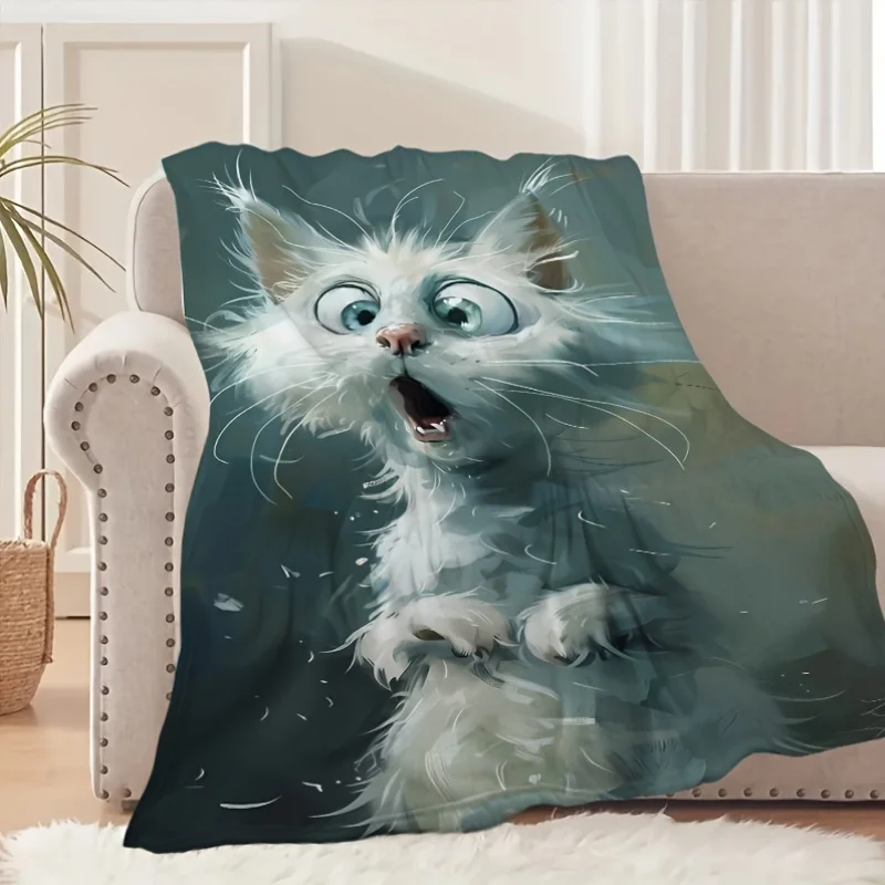 JIT 1PC Cat Print Fleece Blanket: Contemporary Style, Multi-Color, Animal Theme, Anti-Tear, Suitable for All Seasons, Hypoallerg