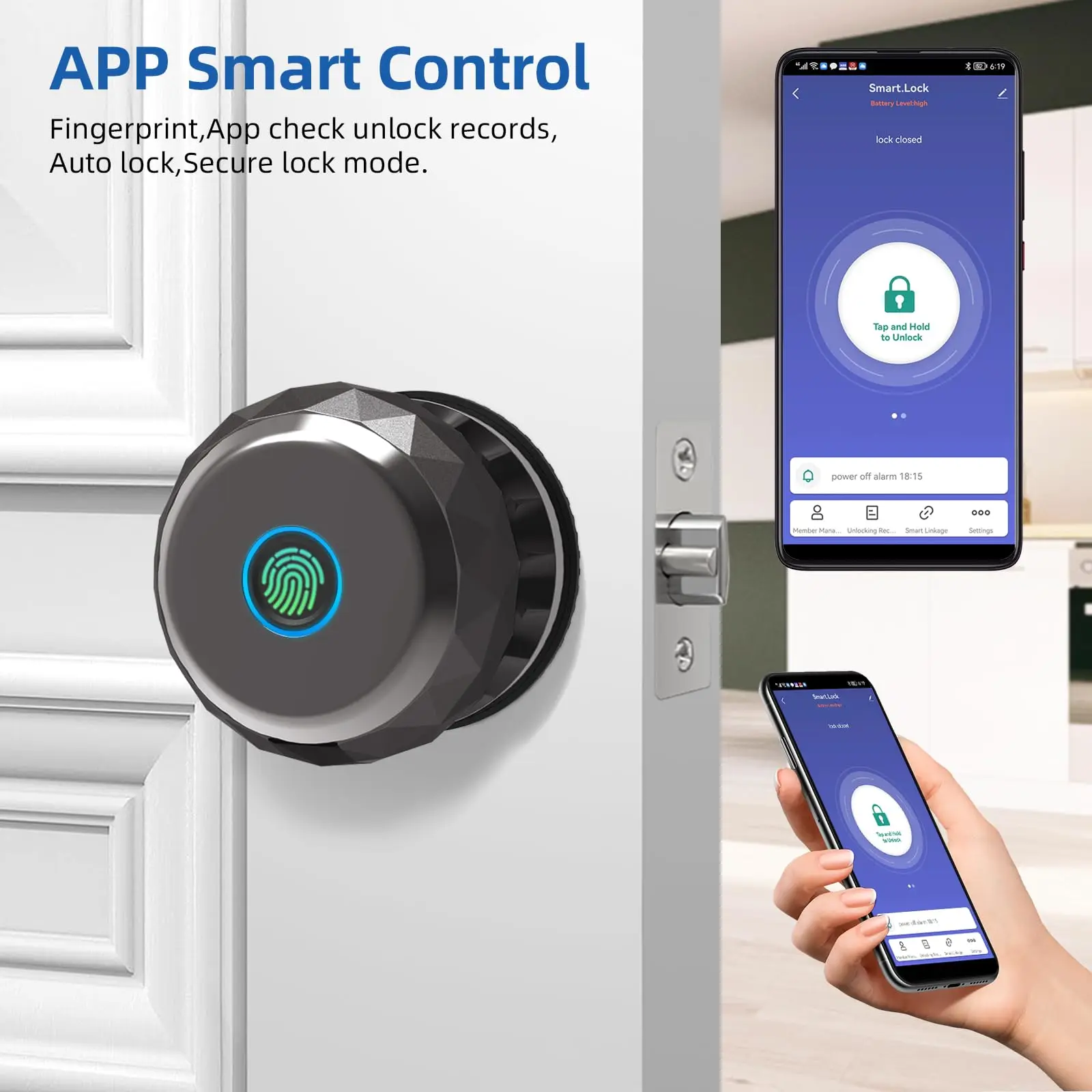 Fingerprint Door Locks, Smart Biometric Door Lock, Rechargeable Smart Door knob with Tuya App Control, Secure Lock Mode