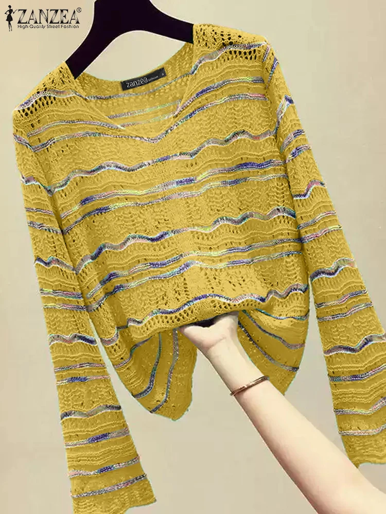 Korean Fashion Knitted T-shirts ZANZEA Women Hollow Out Colorblock Tops Casual Loose Stripes Splicing Top Round Neck Simple Tees