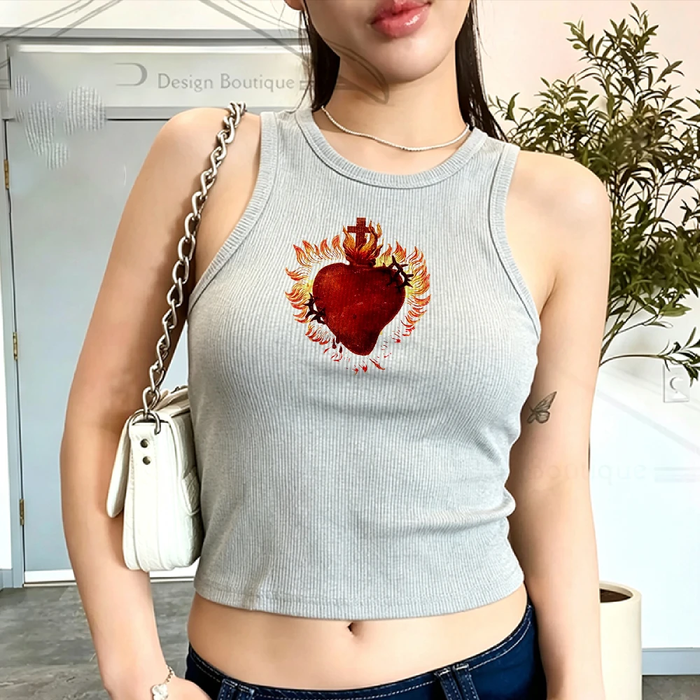 Watercolor Burning Sacred Heart Print Crop Camisole Dark Academia Y2k Top Fitted Ribbed Tank Top Female Sleeveless Cropped Vest