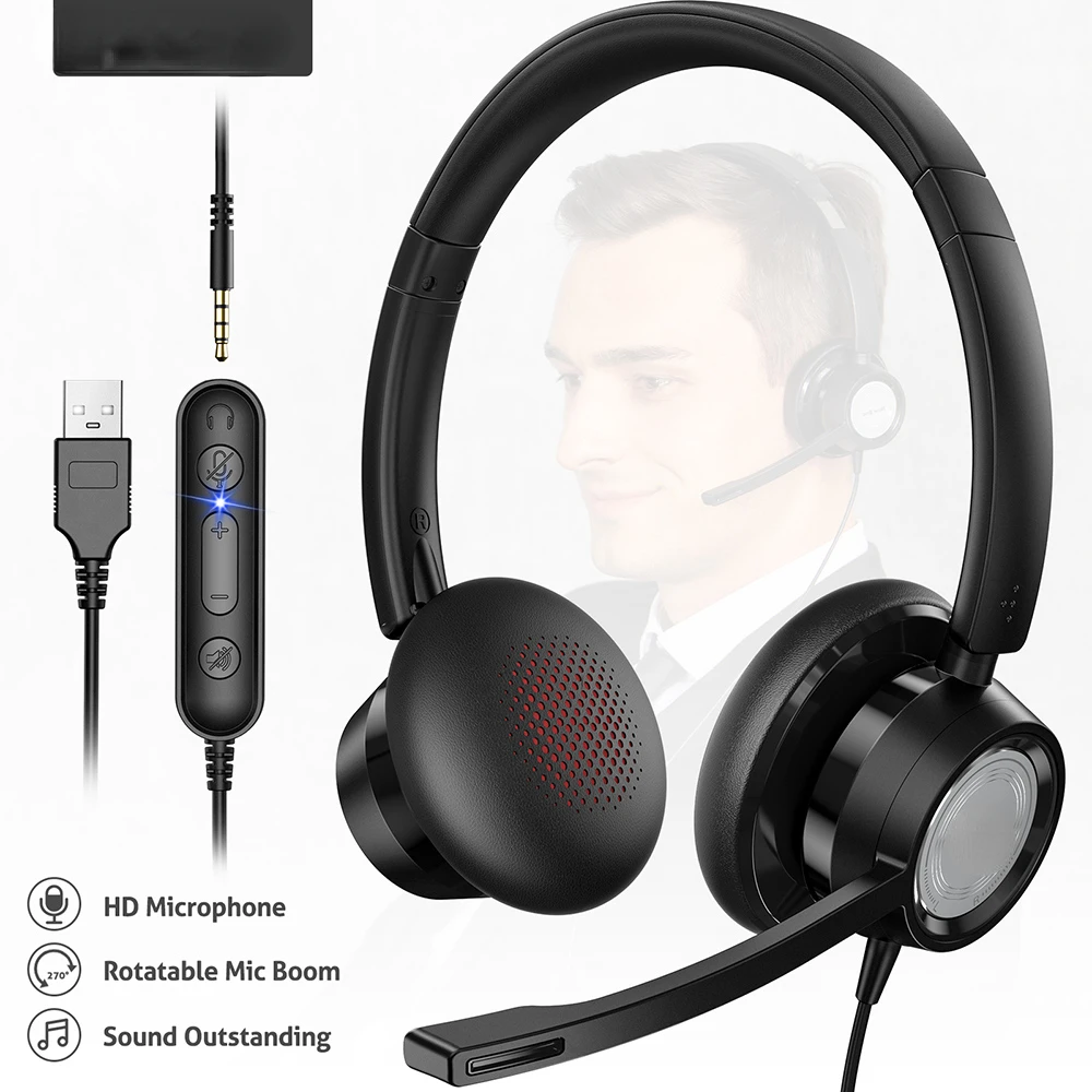 

H362 Noise Reduction Business Telephone Headsets Wired On Ear USB PC Computer Call Center Headphones with Mic