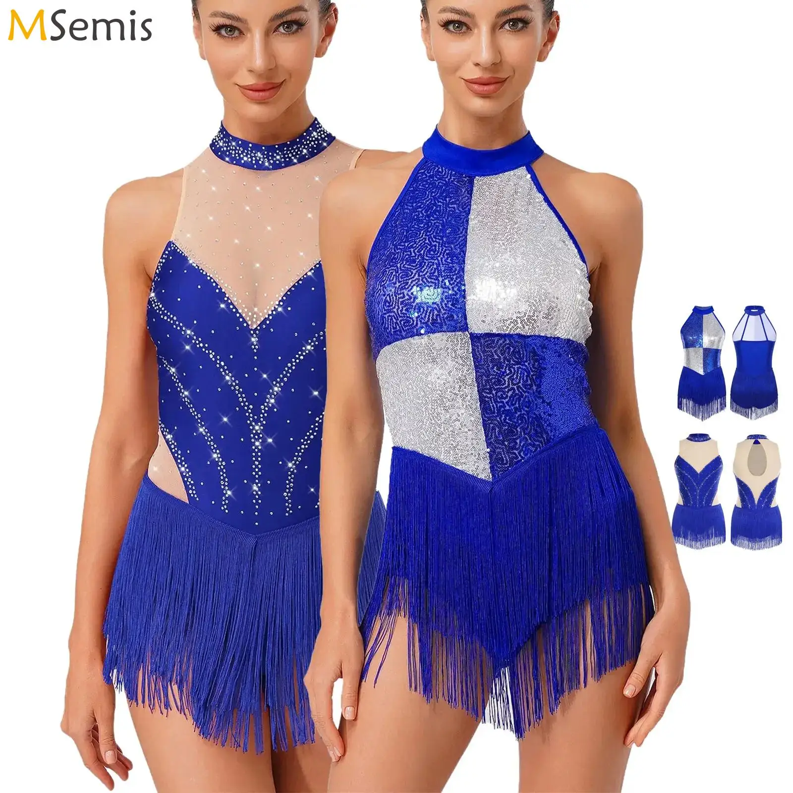 Womens Sequin Latin Jazz Dance Performance Gymnastics Figure Skating Costume Rumba Samba Salsa Dance Tassels Leotard Bodysuit