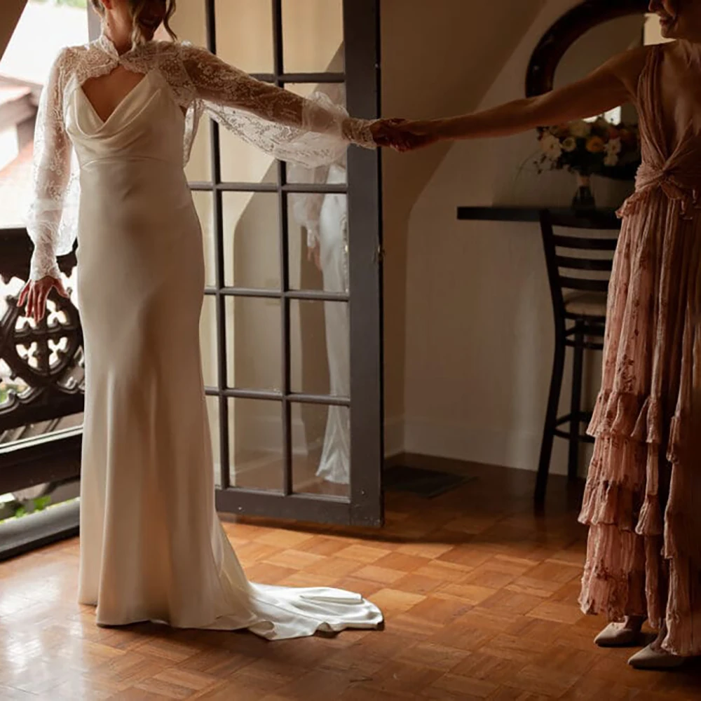 Spaghetti Straps Cowl Neckline Sheath Satin Bridal Gown Customized Long Bishop Sleeves Ivory Lace Bolero Backless Wedding Dress