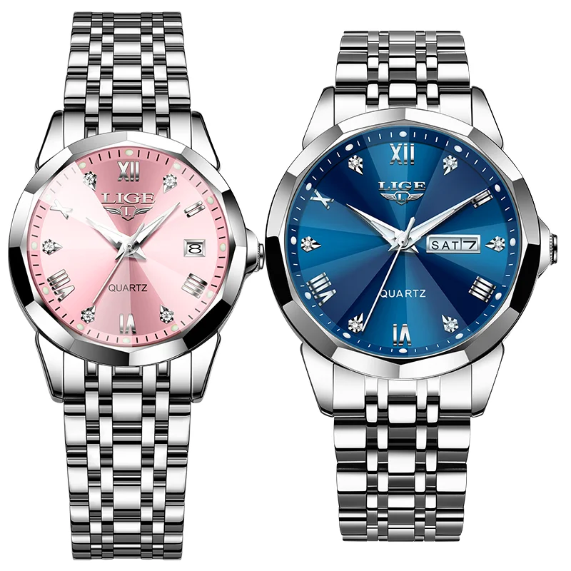LIGE Fashion Couple Watches Waterproof Valentine Day Lover Gift Stainless Steel Watch Men Women Quartz Watch 2pcs Montre Homme