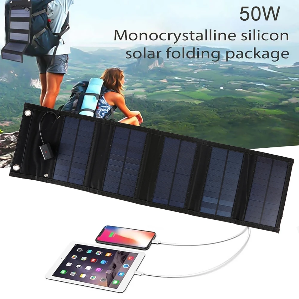 50W 5V Faltbares Monokristallines Solarpanel Tragbare Stromversorgung für Outdoor-Camping Klettern Handy-Notladung