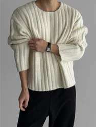 Loose Fit Men's Long Sleeve Knitwear round Neck American Retro Vertical Stripes Sweater Warm Top Coat for Autumn Winter
