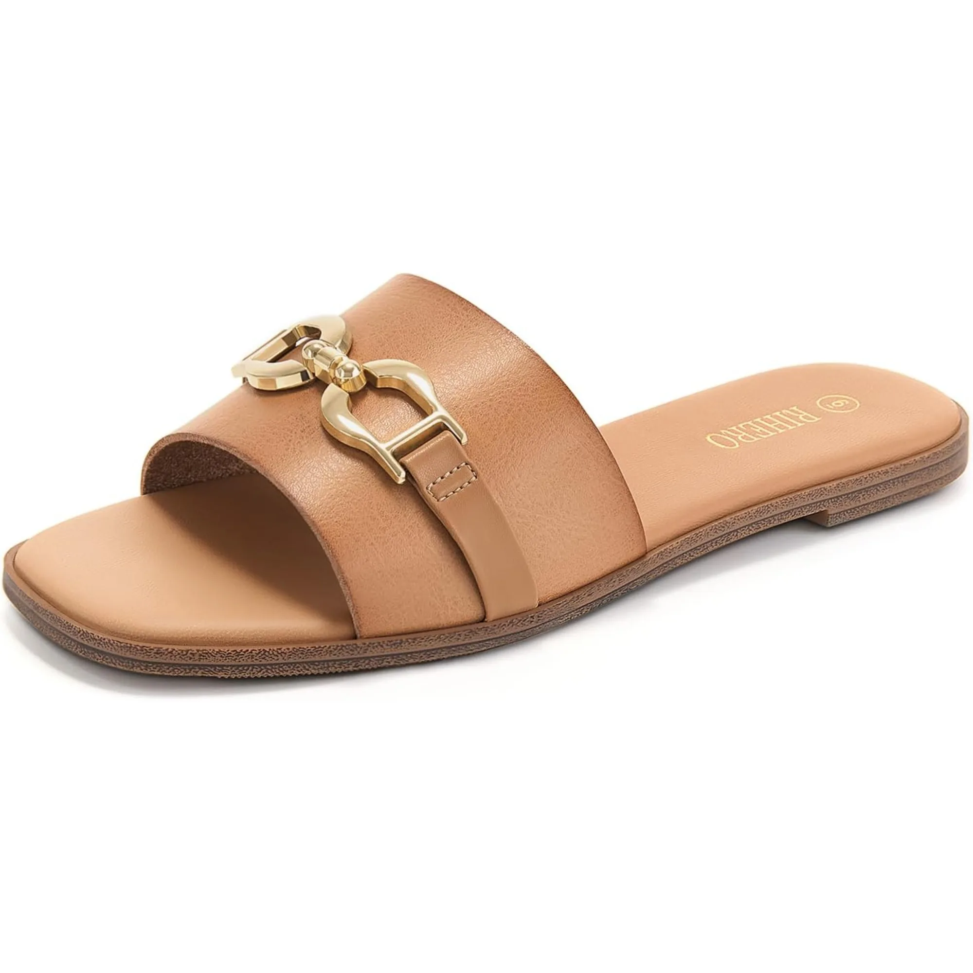 Women's Flat Sandals Summer Comfortable Square Open Toe Slip On Leather Slide Sandals