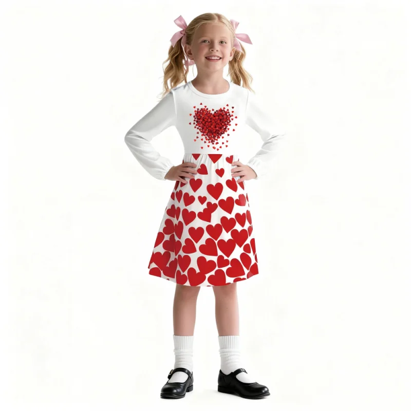 

Valentine's Day Kids Dress: Cute Red Heart Print Long Sleeve Dress for Girls - Perfect for Party & Gift