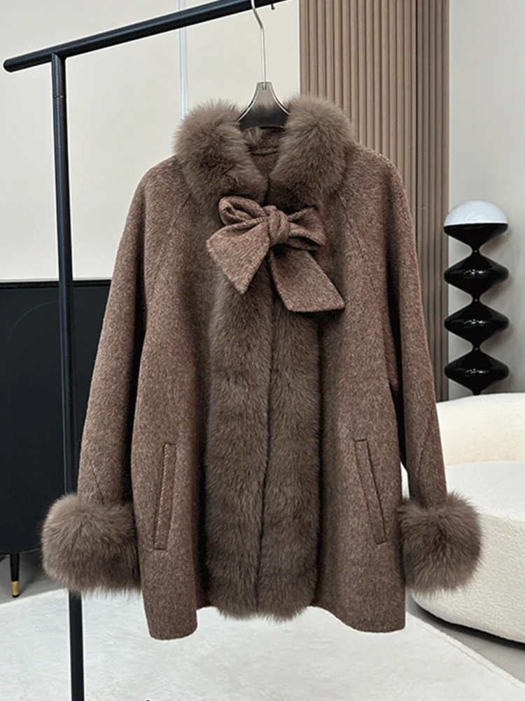 

2025 Fashion New Winter Women's Real Natural Fox Fur Collar Jacket Wool Cashmere Warm Luxury Cusual Thick Female Coat