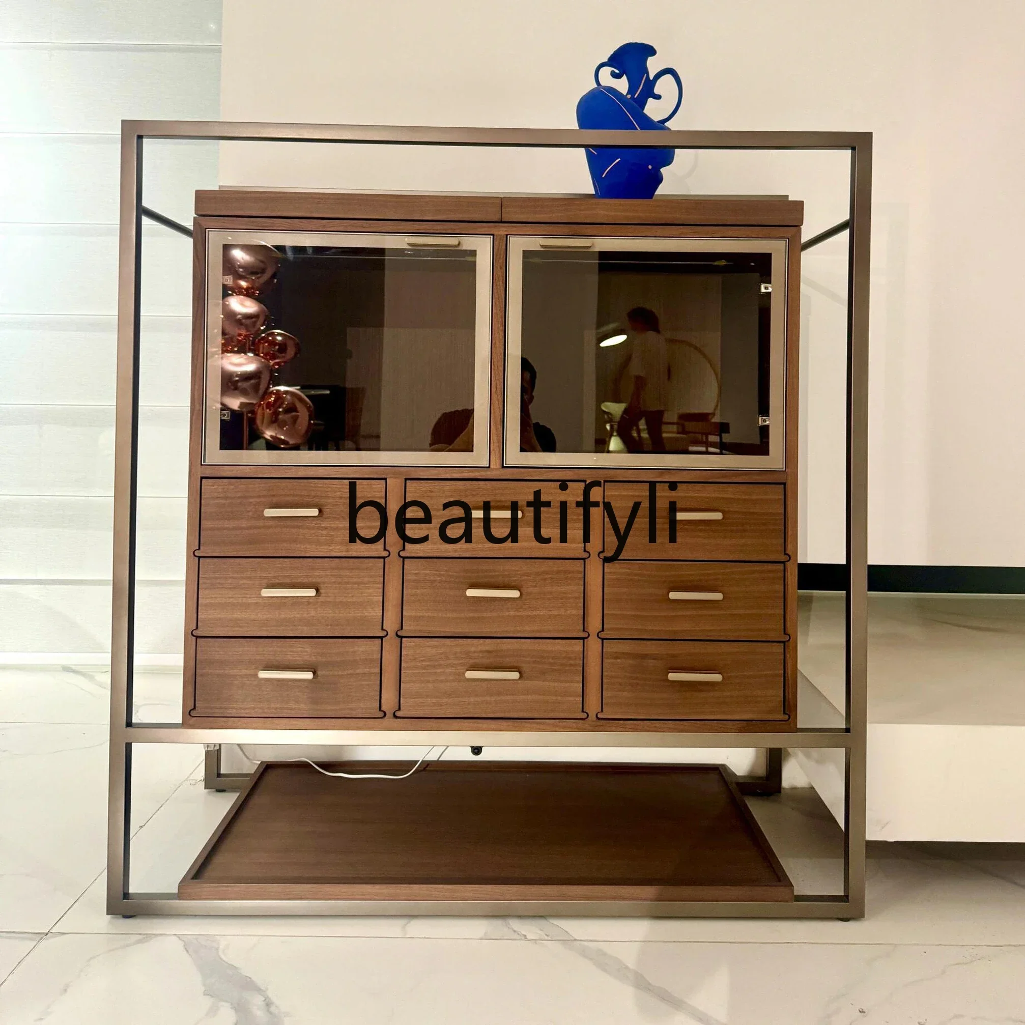 

A15 Light luxury, high-end wine cabinet, living room against the wall modern high-end light strip, glass storage drawer, cabinet