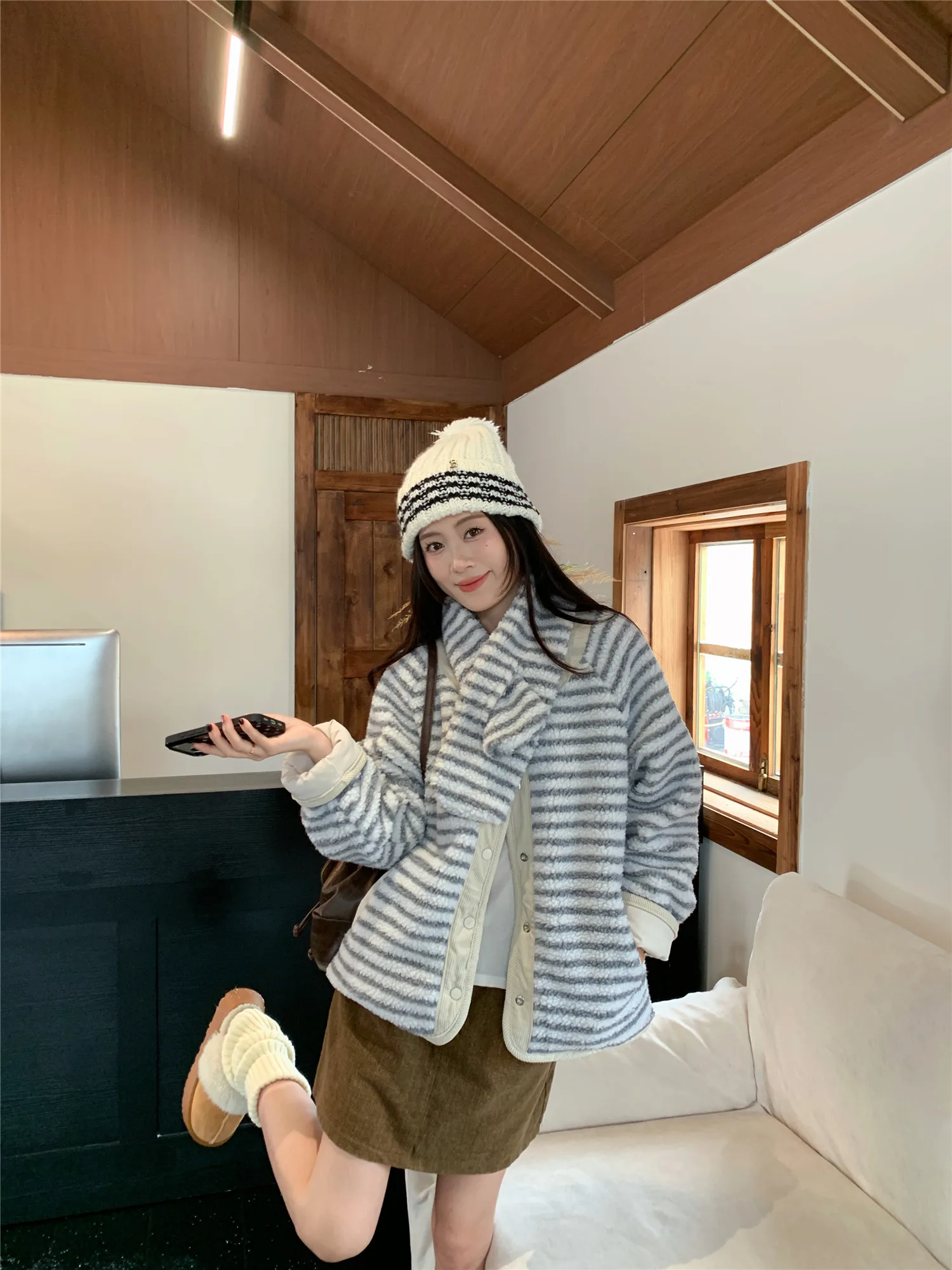 Korean Sweet Two Side Wear Padded Jacket Women Fleece Lined Thick Warm Parkas Woman Lazy Style Stripe Scarf Winter Jackets