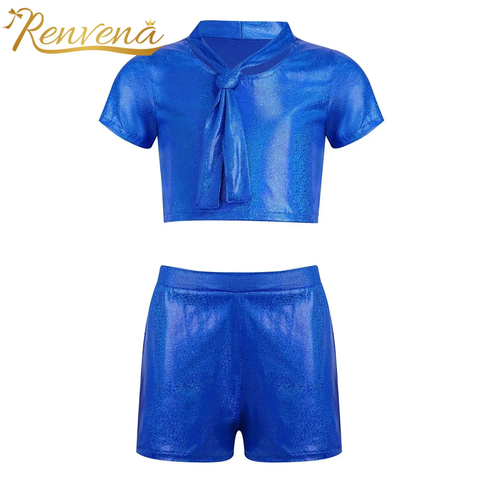 Kids Boys Girls Hip Hop Cheerleading Costumes Shiny Metallic Dance Outfit Children Short-sleeve Necktie T-shirt Shorts Suits