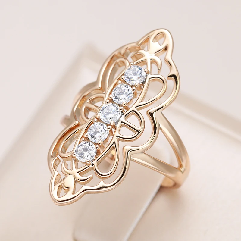 Kinel Trendy Ethnic Bride Wedding Ring 585 Rose Gold Color Natural Zircon Hollow Flower Rings for Women Daily Fine Jewelry
