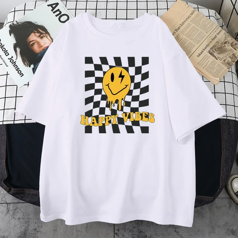 Happy Yellow Ghost Face Pattern T-Shirt Women Street Summer Oversize Tops Cotton Tee Clothes Oddychająca koszulka na co dzień