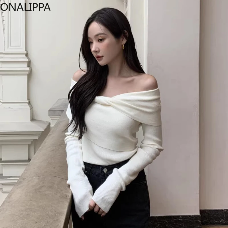 

Onalippa Slash Neck Bow Sweater Women Off-shoulder Long Sleeves Twist Design Sweaters Korean All Match Bottoming Pullover