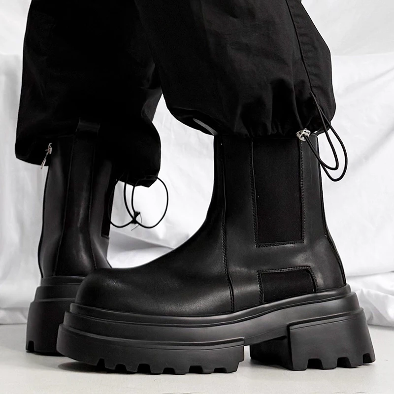 large size men casual high chelsea boots black designer shoes punk rock cowboy original leather boot stylish long platform botas
