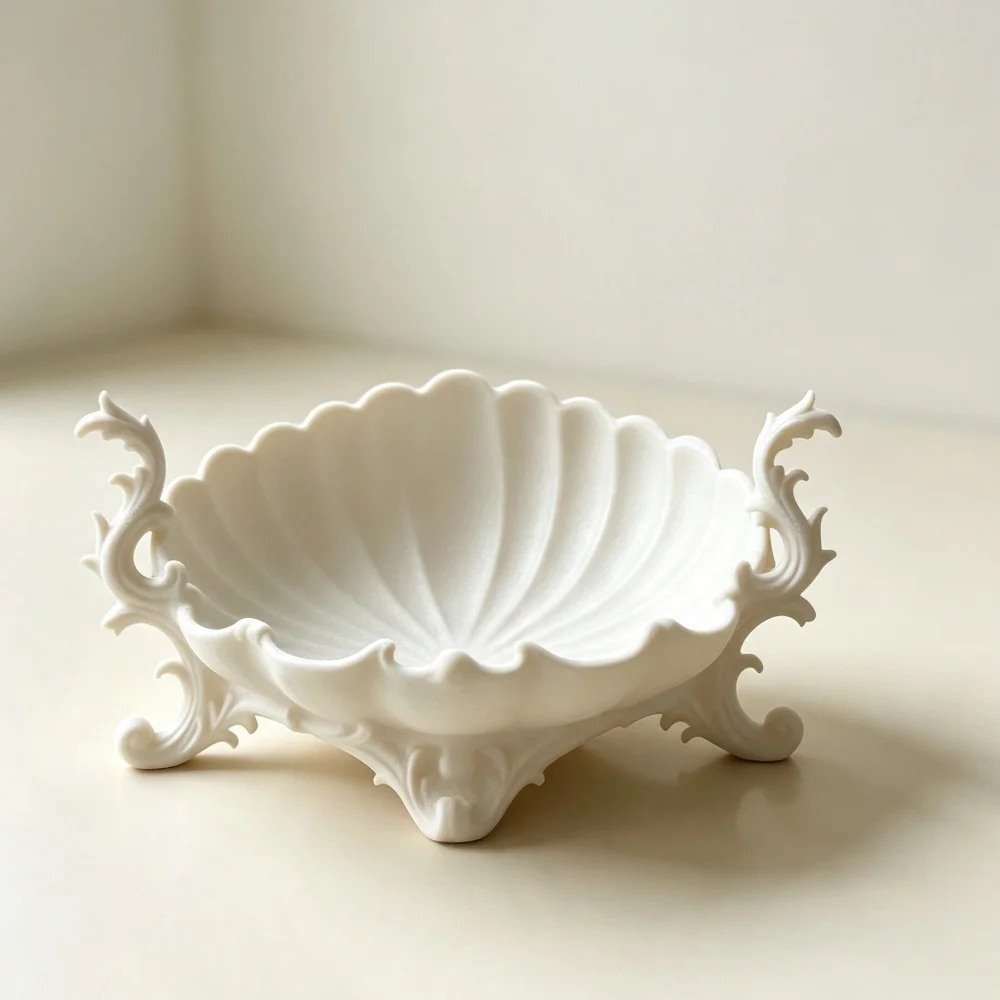 Printed White Scallop Shell Dish Ornate Baroque Style Decorative Tray For Vanity Table Decor
