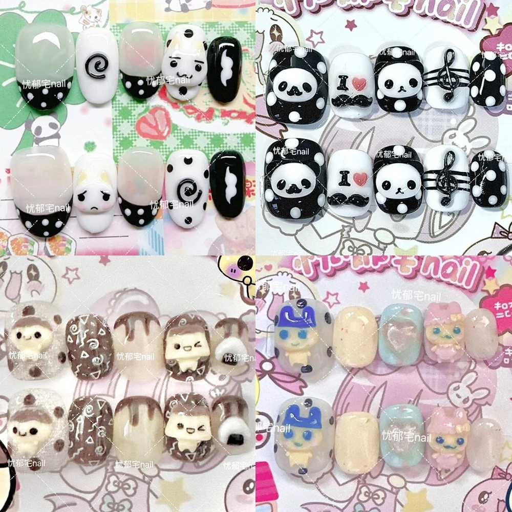

Y2K Kawaii Cartoon Rilakkuma Handmade Short Square Ruond Fake Nails Cute Cat Rabbit Bear Panda Bowknot Music Note Press On Nails