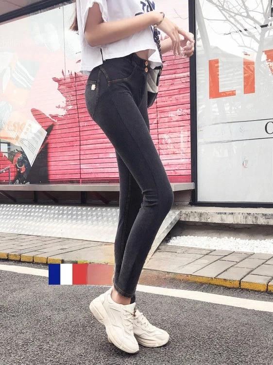 Pantaloni a vita bassa con volant a vita alta Fitn Yoga Pantaloni in denim attillati a metà elasticità per pendolari Chiusura con cerniera a vita alta