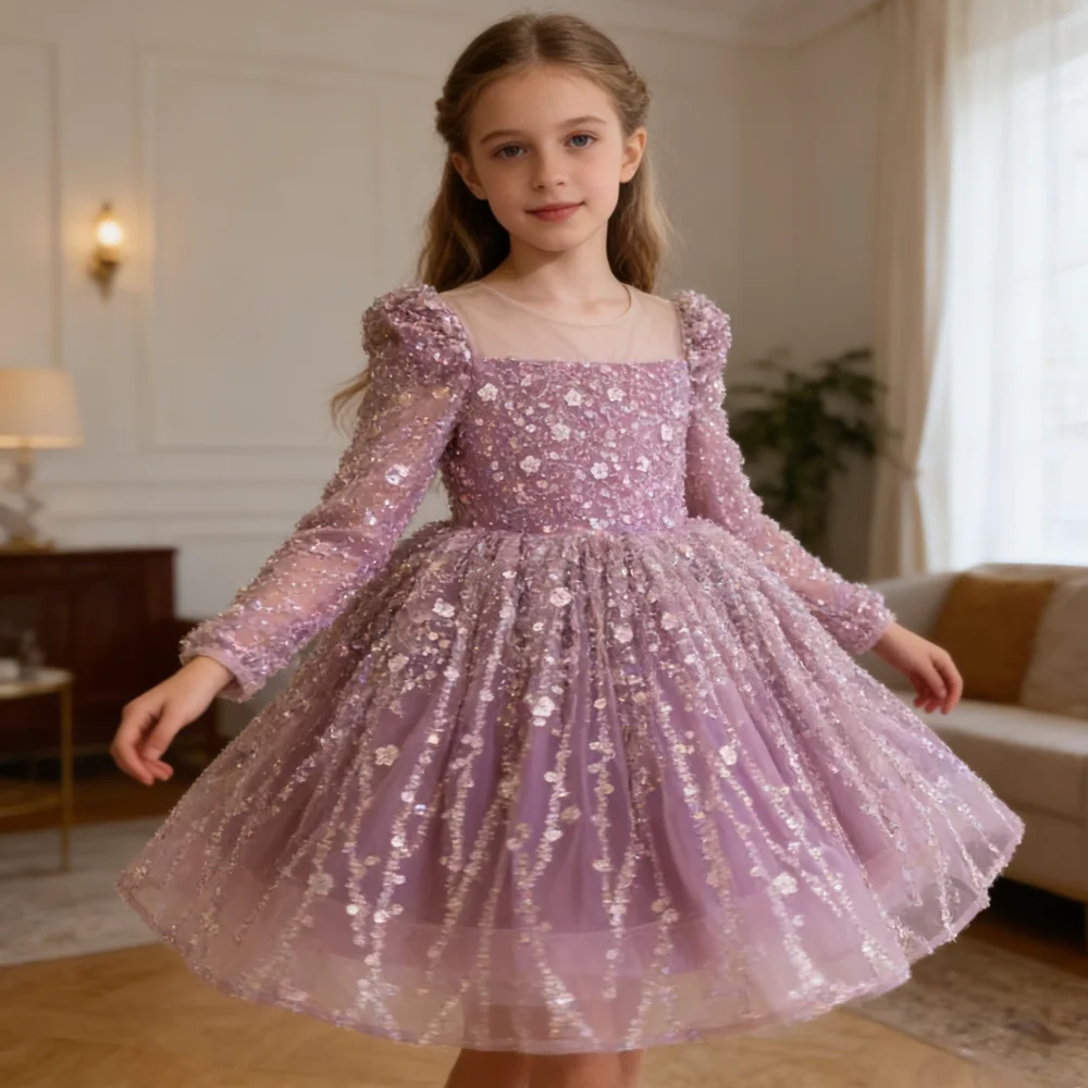 Kids Girls First Birthday Dress Clothes New Children Long Sleeve Sequin Cute Elegant Tutu Princess Gown Party Pageant Costume