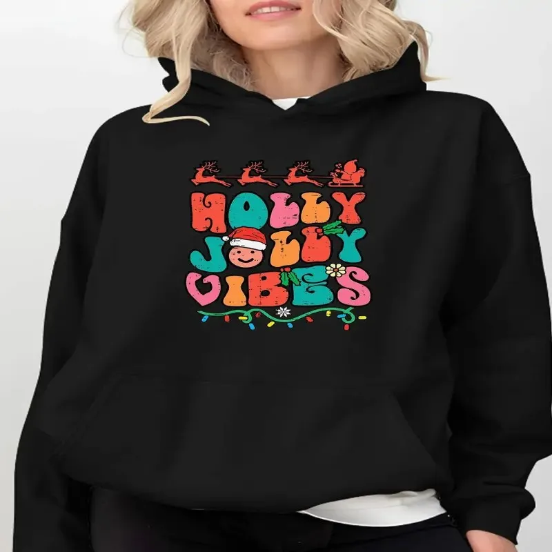Sudadera con capucha navideña de talla grande para mujer, sudadera retro navideña con acebo, sombreros de Papá Noel, acogedora sudadera con cordón