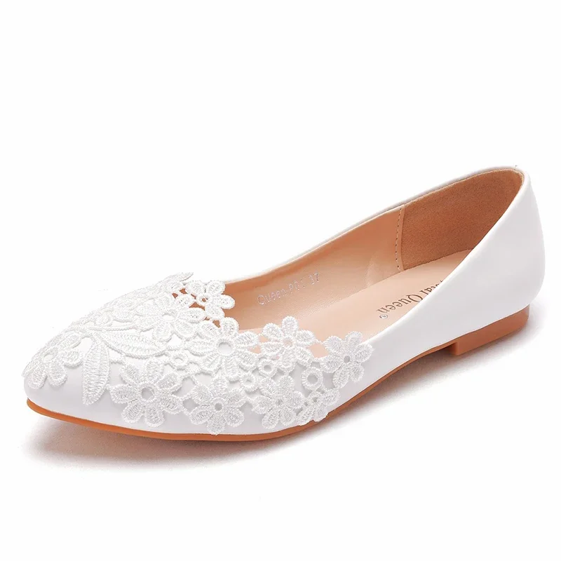 

New Arrival Large Ladies Flat Shoes Handmade Wedding Shoes Anklet Lace White Pointed Casual Bridesmaid Shoes