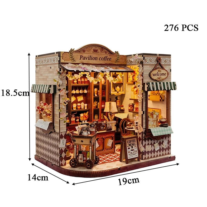 DIY Model Kits Pavilion Coffee Casa 3D Puzzle Wooden Miniature Dollhouse With Furniture Lights for Friends Birthday Gifts view 6
