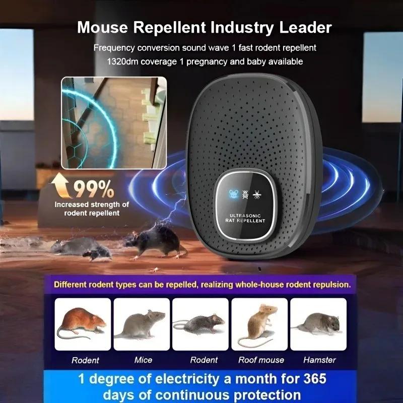Repelente de ratones electrónico inteligente, repelente de ratas y ondas de sonido inofensivas, repelente ultrasónico de plagas para el hogar