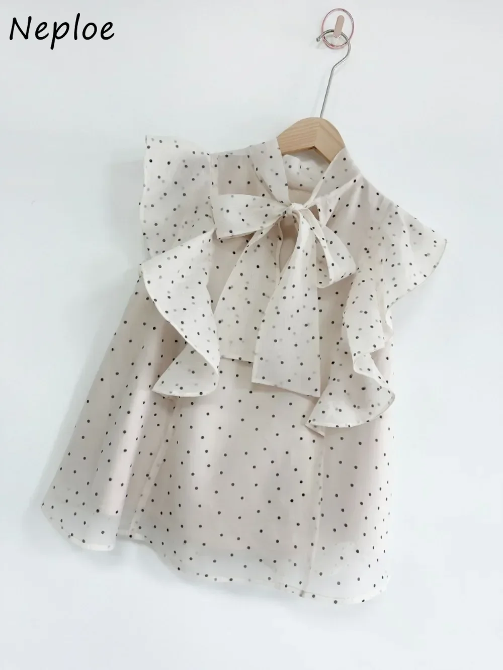 

Neploe French Sweet Sleeveless O Neck Shirt Ruffles Bow Lace Up Chiffon Print Blusas Japan All-match Two Outfits Casual Blouse