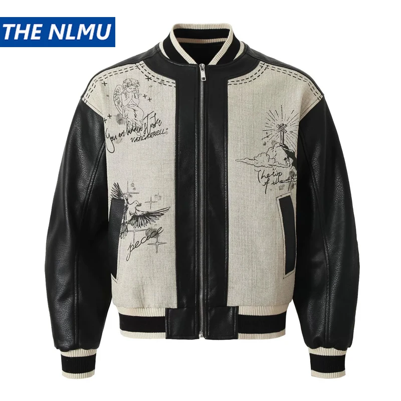 Vintage PU Leather Patchwork Jacket Men's High Street Varsity Jackets Hip Hop Streetwear Trendy Urban Baseball Jackets for Male