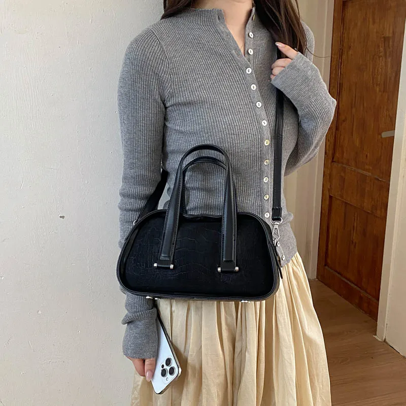 Retro Crocodile Textured Mini Boston Handbags For Women Dual Straps Commuter Shoulder Crossbody Bag 2026 Luxury Designer Handbag view 6