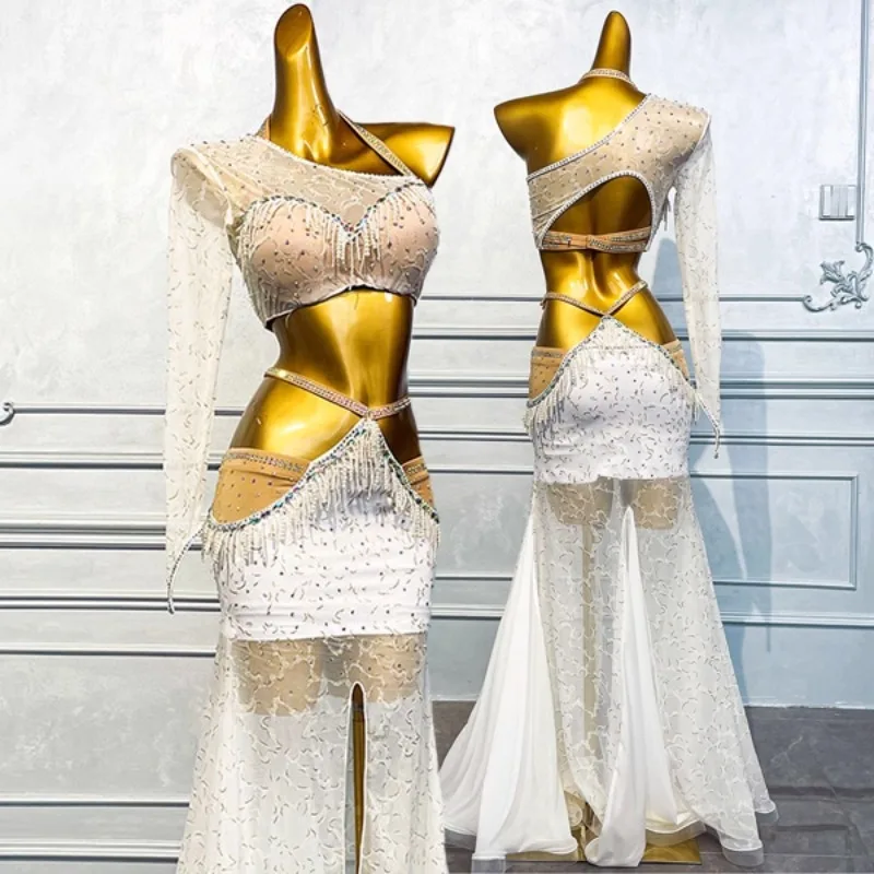 Customized White Oriental Belly Dance Costumes Practice Performance Dress Set Female Sexy Modern Dance Dress Belly Dancing Bra