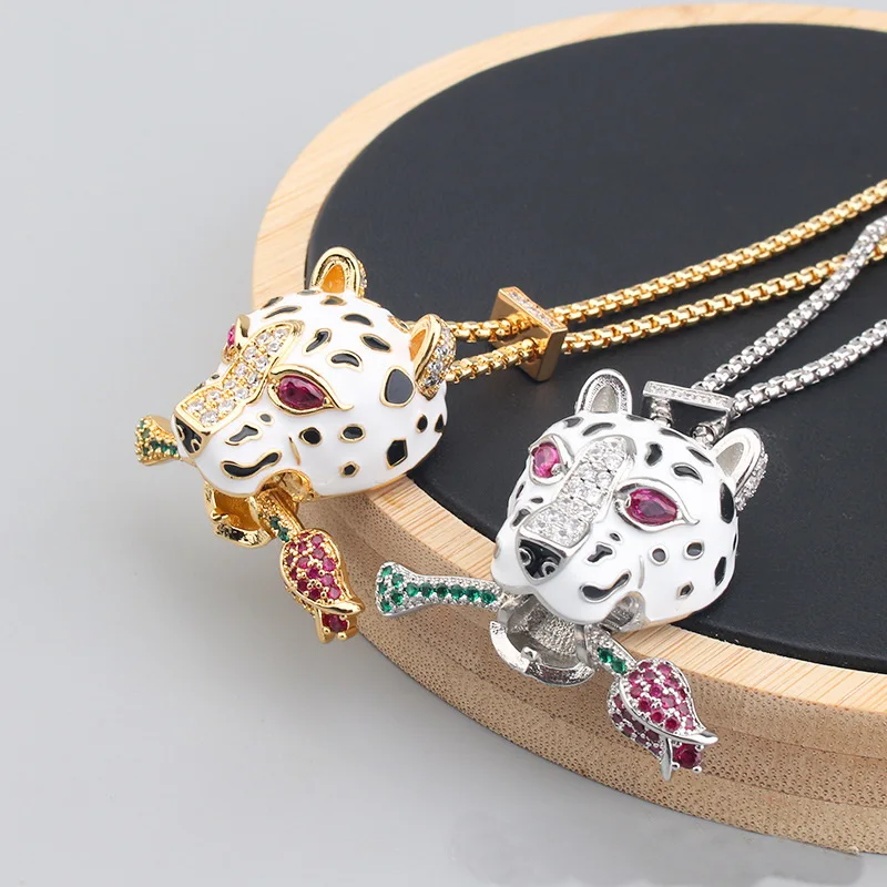 Designer Fashion Style Necklace Colorful Cubic Zircon Red Eyes Black White Enamel Leopard Panther Pendant Dinner Party Jewelry
