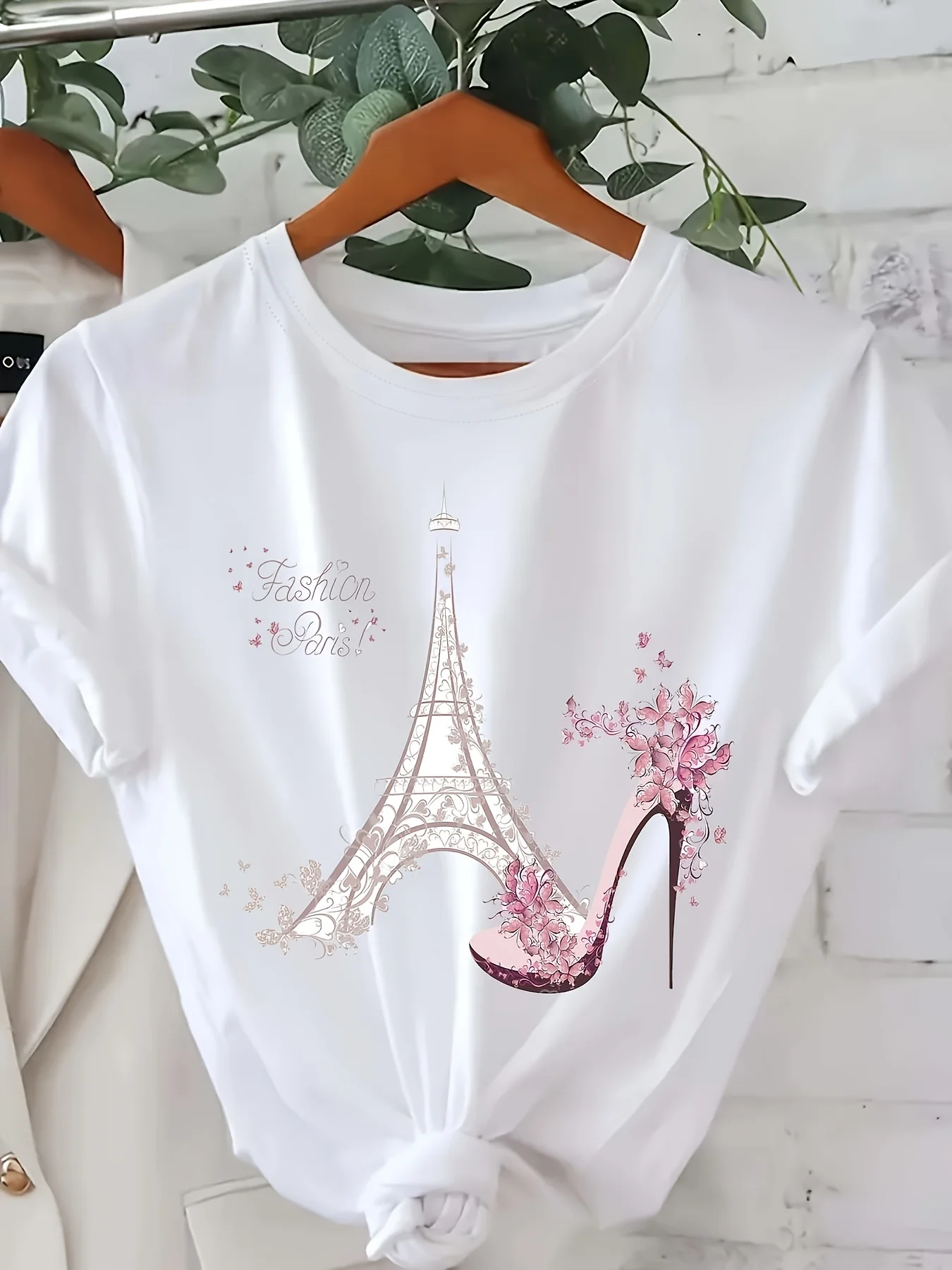Women'S Eiffel Tower & High Heel Print T-Shirt, Casual Crew Neck Short Sleeve Top, Polyester Knit Fabric, All Season Fashion