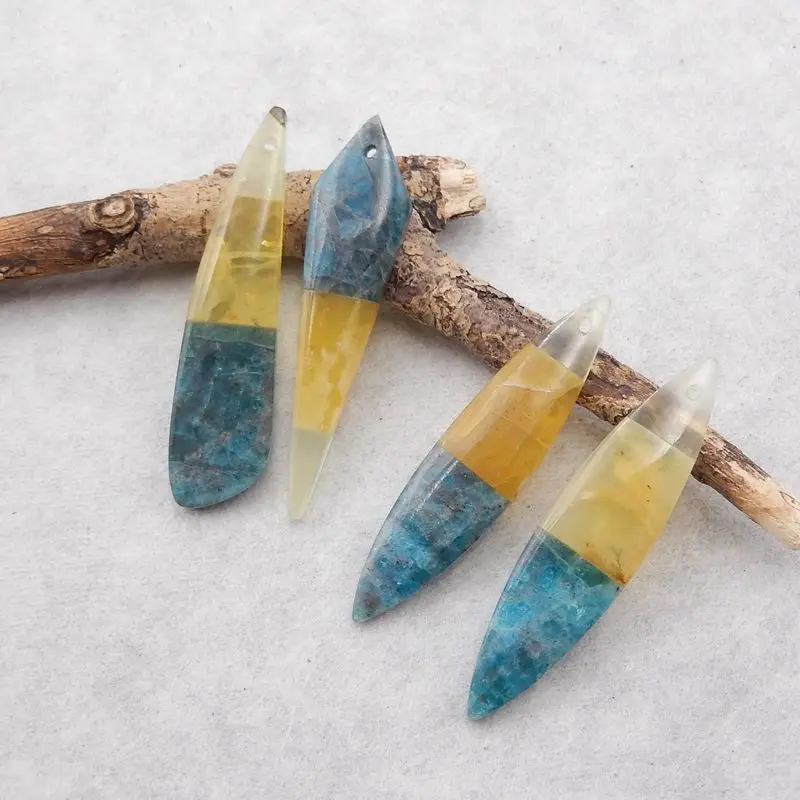 4Pcs Natural Stone Yellow Opal,Blue Apatite Crystal,Nephrite Jade Intarsia Necklace Accessories Pendant Beads 45x11x4mm 13g