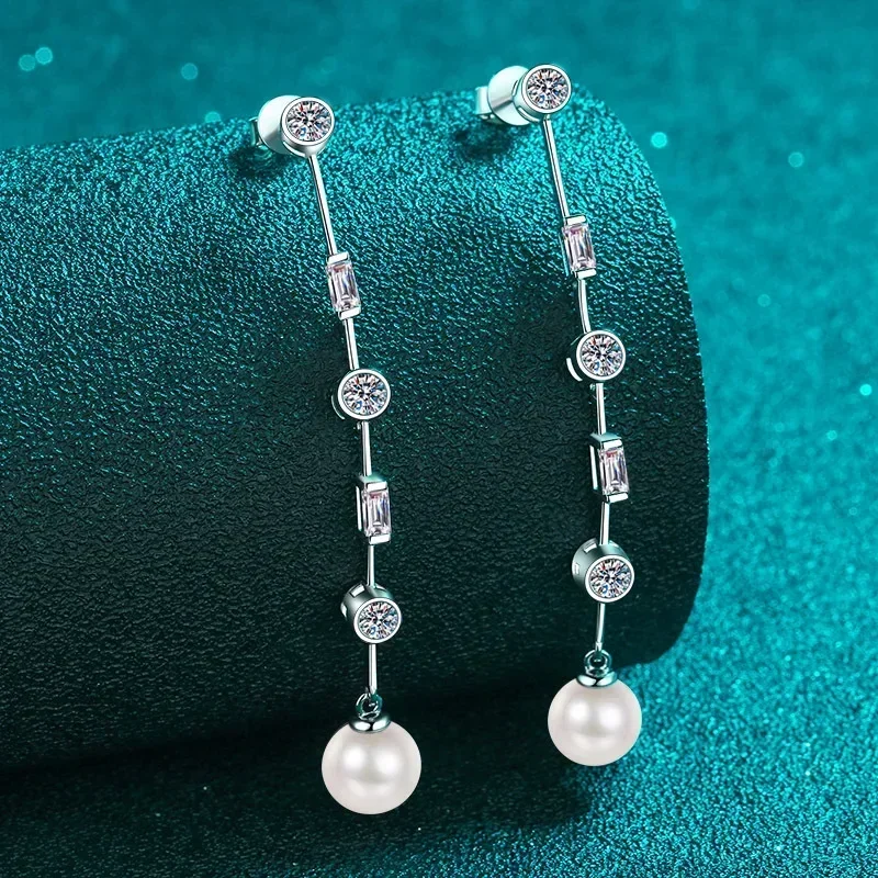 

Luxury Inlaid 1.8carat Moissanite Tassel Platinum Earrings, 8mm Freshwater Pearl Earrings Pt950 Earrings Fashionable Jewelry