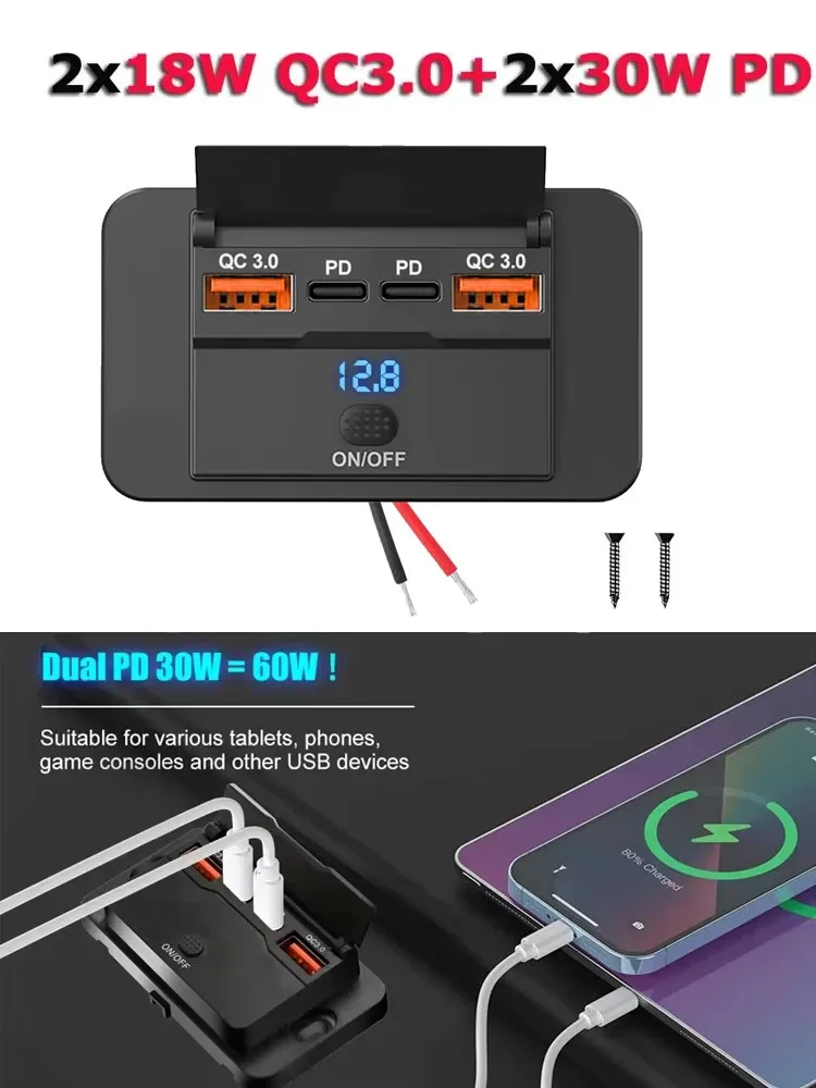108W 4-Port 12V RV USB-Steckdose mit 90W PD und QC 3.0 18W Port Autoladegerät Zubehör mit Schalter und Spannungsanzeige für Auto, Bus, Wohnmobil