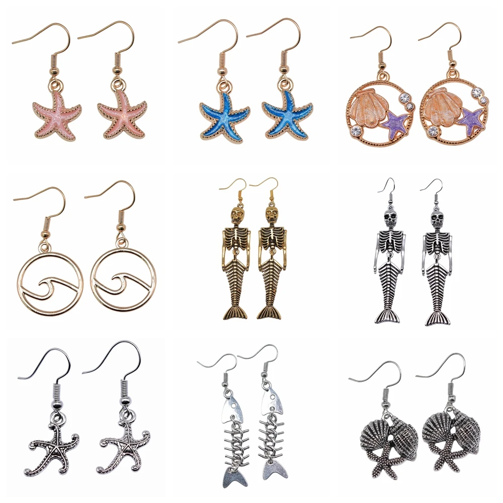 54 Stile Marine-Stil, modische Mädchen-Frauen-Ohrringe, Seestern, Welle, Muschelschale, Meerjungfrau, Delfin, Oktopus, Hippocampus, Schildkröten-Ohrringe