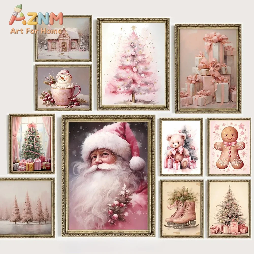 AZNM Pink Santa Christmas Tree Gingerbread Man Canvas Wall Art, Soft‑tone Winter Holiday Frameless Canvas Print Poster for Bedro