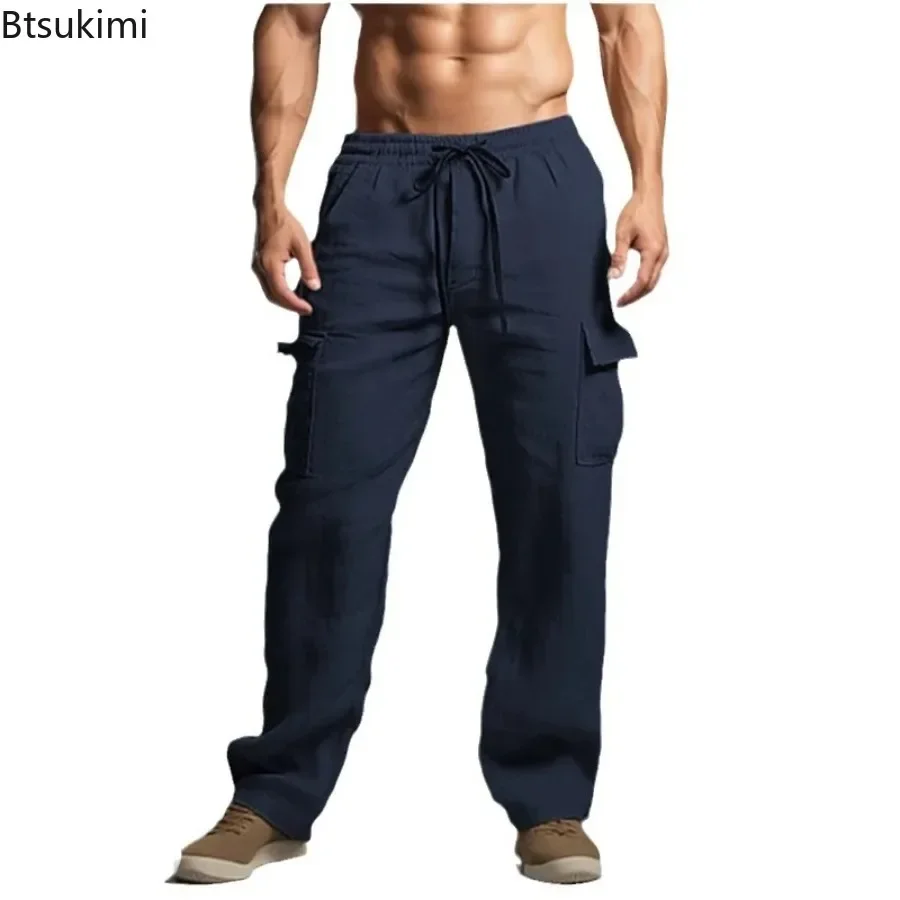 2025 Men's Streetwear Cotton Linen Casual Trouser Loose Solid Cargo Pants for Men Vintage Lace-up Waist Drawstring Pants Bottoms