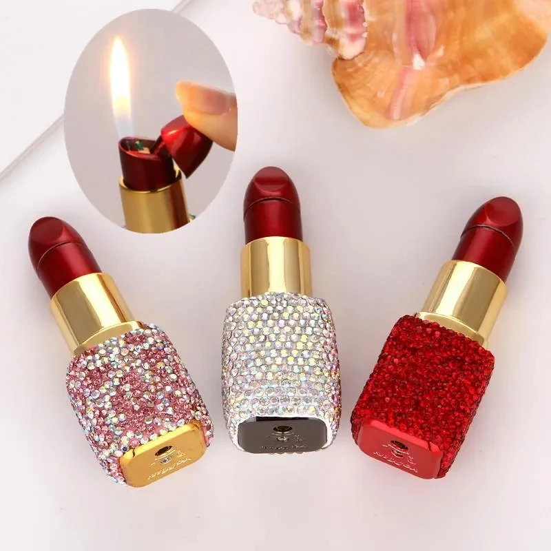 Luxury Diamond Lipstick Inflatable Lighter Butane Gas Pink Water Diamond Portable Lighter High end Creative Women\'s Gift