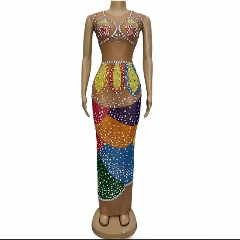 

Colorful Shiny Crystal Diamond Perspective Mesh Fashion Club Dress Company Annual Meeting Host Evening Dress Chic Sequined Gowns