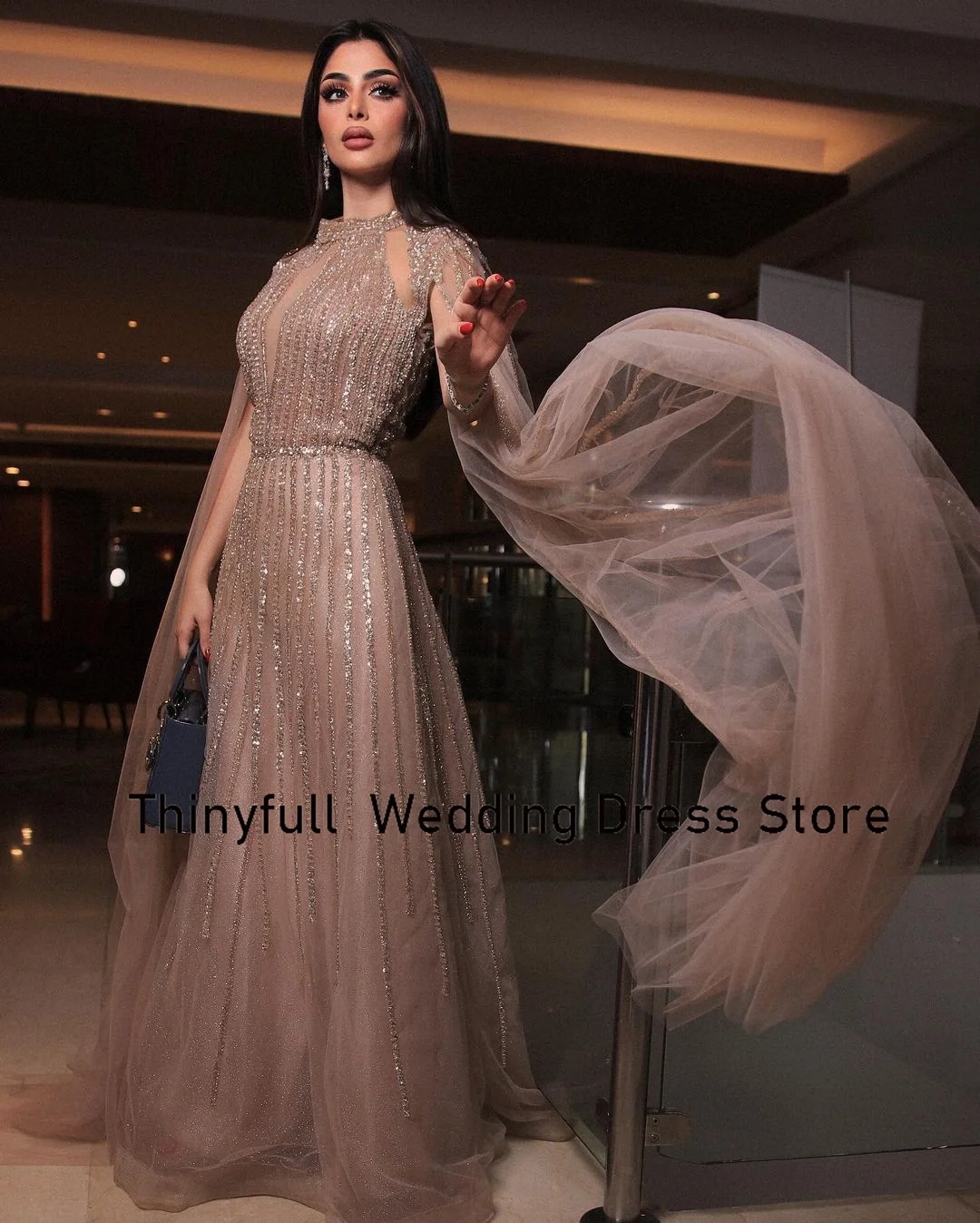 Thinyfull A-line O-Neck Evening Party Gown Cap Sleeves Saudi Arabia Prom Dresses Sequined Wedding Formal Occasion Dress Dubai